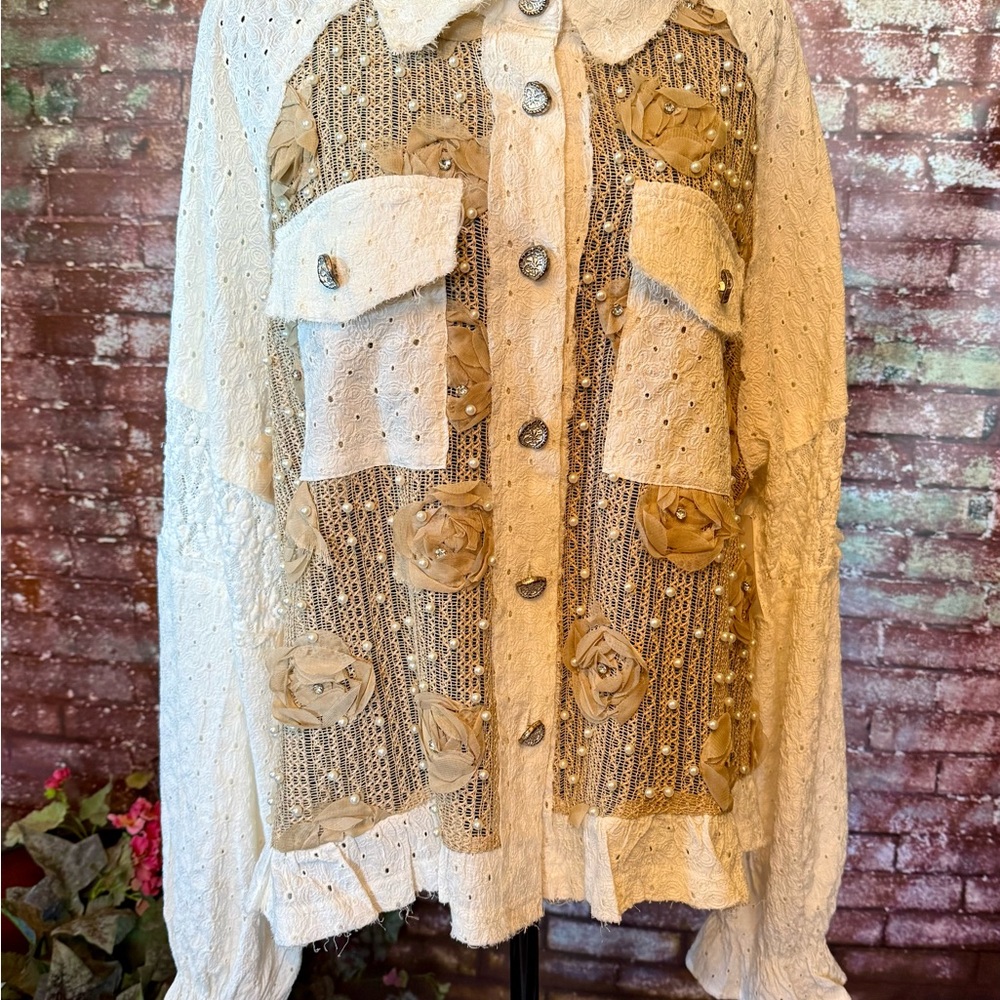 POL Cream Embellished Floral Accent Blouse Jacket